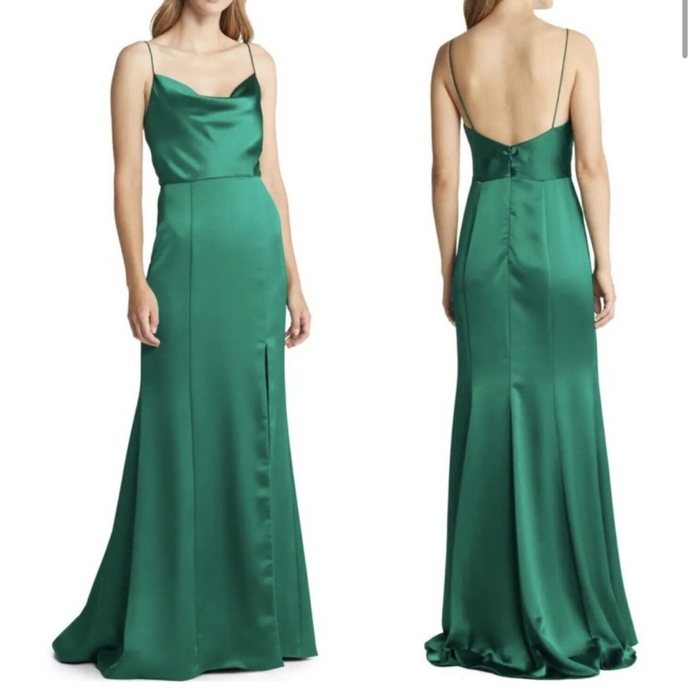Amsale Long Dress‎ Cowl Neck Leg Slit Fluid Satin Gown Emerald Green 22